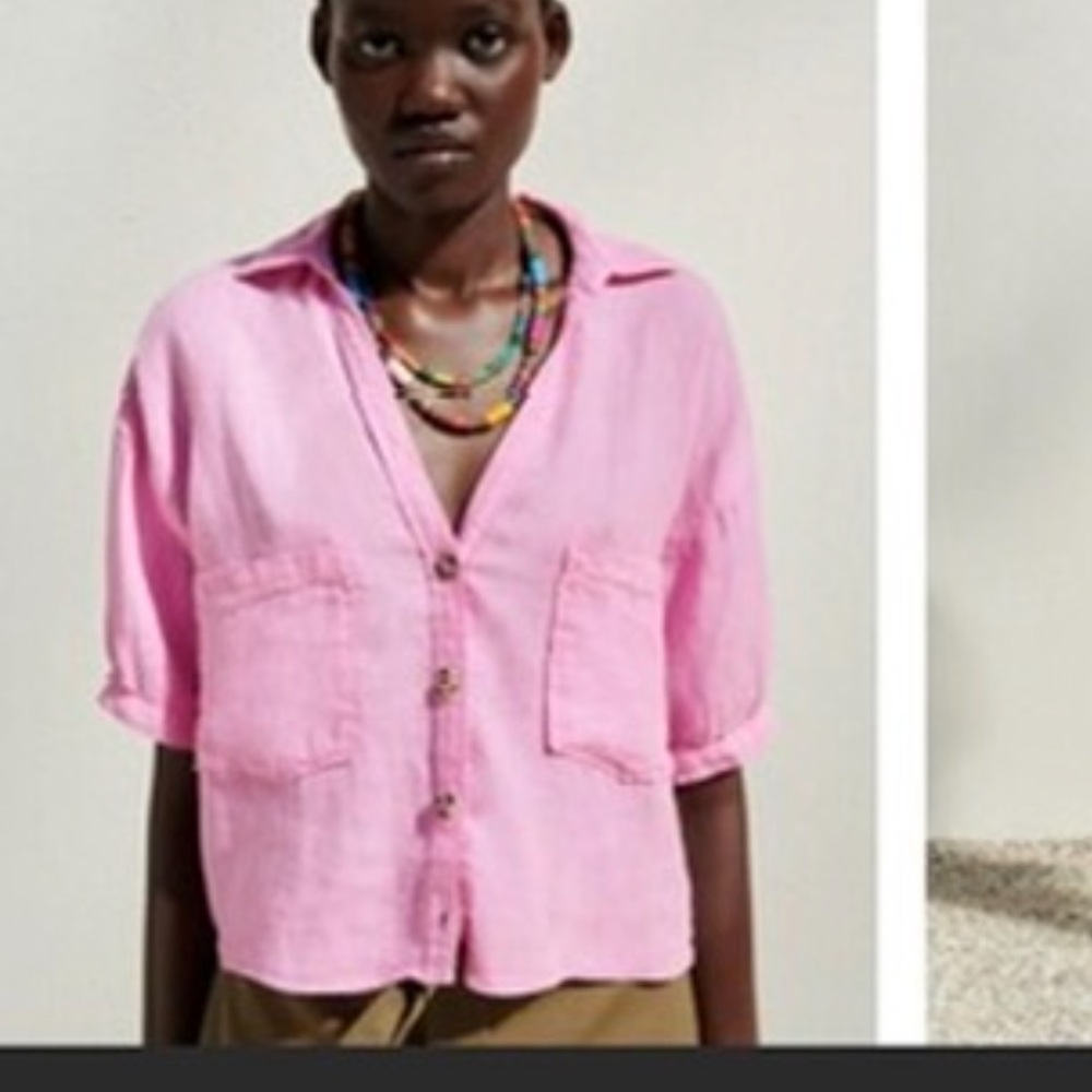 Zara Woman % 100 Linen Pink Button-Up Shirt